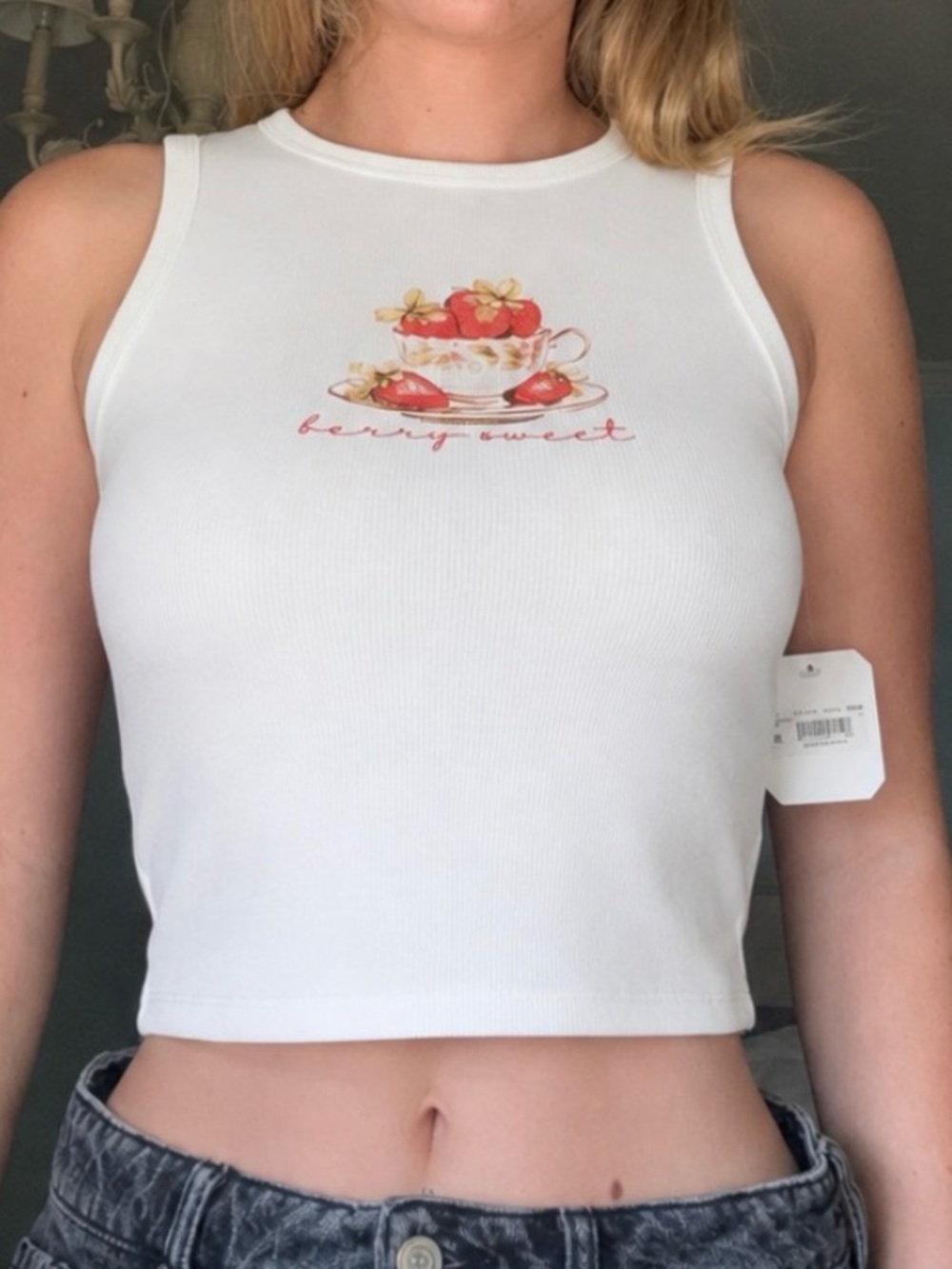 NWT Altar'd State White Ribbed 'Berry Sweet' Graphic Tank